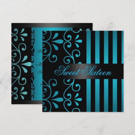 Blauw/Zwarte Streep & Swirl Sweet 16 Uitnodiging (Voorkant / Achterkant)
