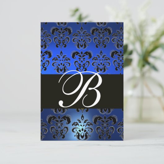 BLAUW ZWARTE WHITE SAPPHIRE DAMASK MONOGRAM RSVP (Staand voorkant)