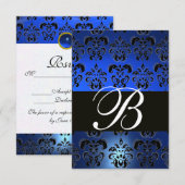 BLAUW ZWARTE WHITE SAPPHIRE DAMASK MONOGRAM RSVP KAARTJE (Voorkant / Achterkant)