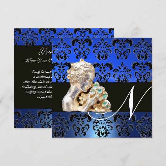 BLAUW, ZWARTE, WITTE DAMASKJEWEL MONOGRAM KAART (Voorkant / Achterkant)