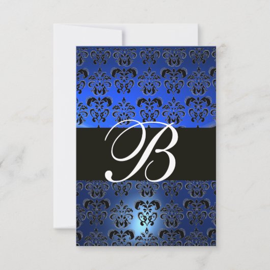 BLAUW ZWARTE WITTE DAMASKMONOGRAM RSVP KAART (Voorkant)