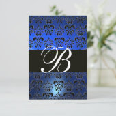 BLAUW ZWARTE WITTE DAMASKMONOGRAM RSVP KAART (Staand voorkant)