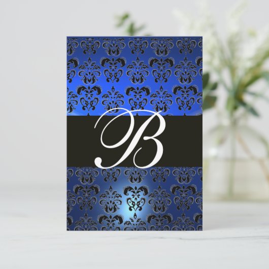 BLAUW ZWARTE WITTE DAMASKMONOGRAM RSVP KAART (Staand voorkant)