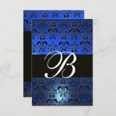 BLAUW ZWARTE WITTE DAMASKMONOGRAM RSVP KAART (Voorkant / Achterkant)