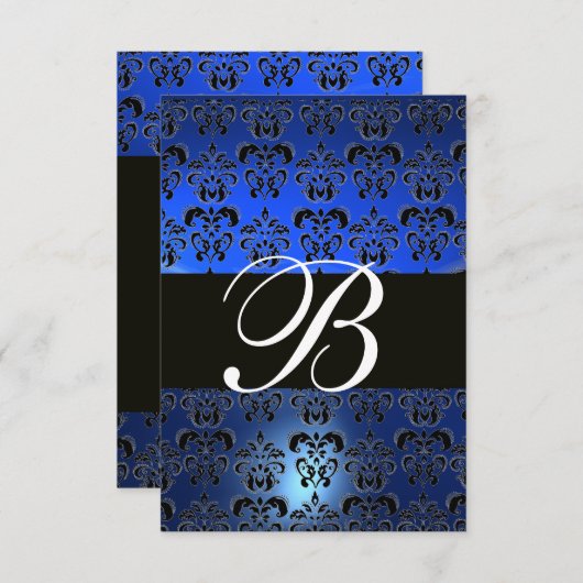 BLAUW ZWARTE WITTE DAMASKMONOGRAM RSVP KAART (Voorkant / Achterkant)
