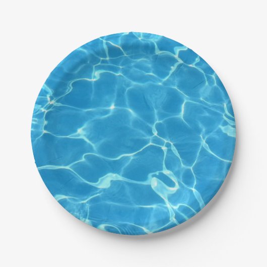 Blauw zwembad met mousserend blauw water papieren bordje (Voorkant)