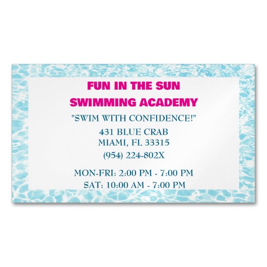 Blauw Zwembad Water Zwemlessen Magnetisch Visitekaartje (Voorkant)