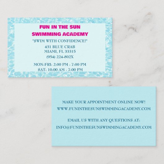 Blauw Zwembad Water Zwemlessen Visitekaartje (Voorkant / Achterkant)