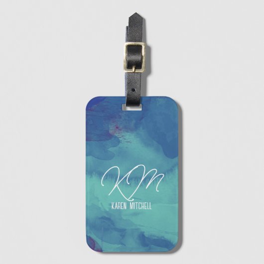 BlauwbagageMarkering Monogrammed Waterverf Blauw Bagagelabel (Voorkant (verticaal))