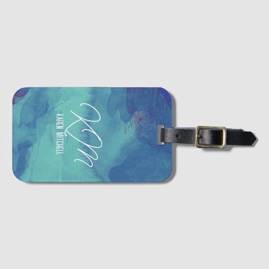 BlauwbagageMarkering Monogrammed Waterverf Blauw Bagagelabel (Voorkant (horizontaal))