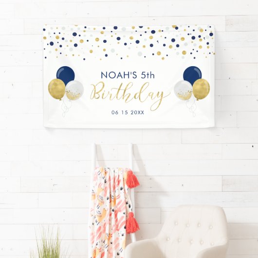 Blauwballon en gouden ballon, vijfde kind, geboort spandoek (Insitu)