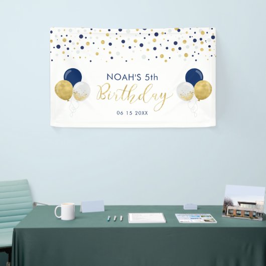 Blauwballon en gouden ballon, vijfde kind, geboort spandoek (Beurs)