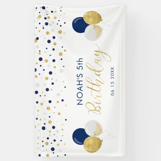 Blauwballon en gouden ballon, vijfde kind, geboort spandoek (Verticaal)