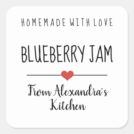 Blauwbes jam white homemade met liefde vierkante sticker (Voorkant)