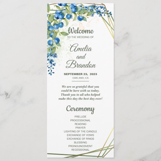 Blauwbes met Faux Gold Foil Lijst Rustic Wedding Programmakaart (Voorkant)