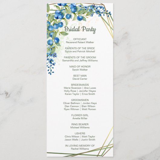 Blauwbes met Faux Gold Foil Lijst Rustic Wedding Programmakaart (Achterkant)