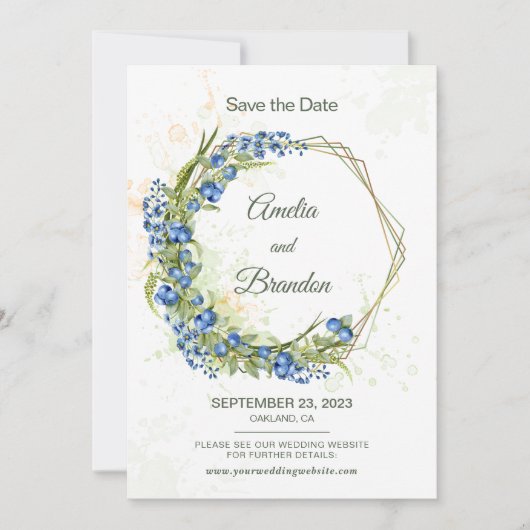 Blauwbes Wildbloemen Faux Gold Foil Lijst Weddensc Save The Date (Voorkant)