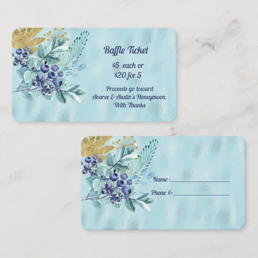 Blauwbessen en goudbladeren op blauwe Folie Raffle Informatiekaartje (Voorkant / Achterkant)
