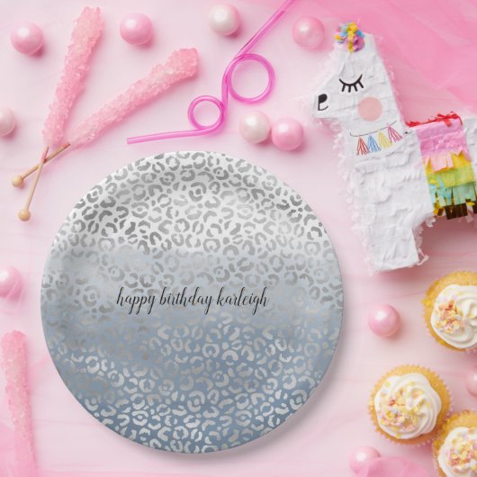 Blauwblauwe ombre Silver Glam Leopard Print Papieren Bordje (Feest)