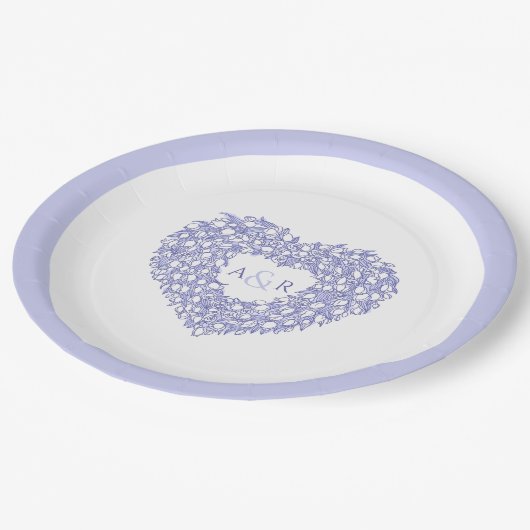 Blauwbloem bruiloft tulpen hart bouquet monogram papieren bordje (Gekanteld)