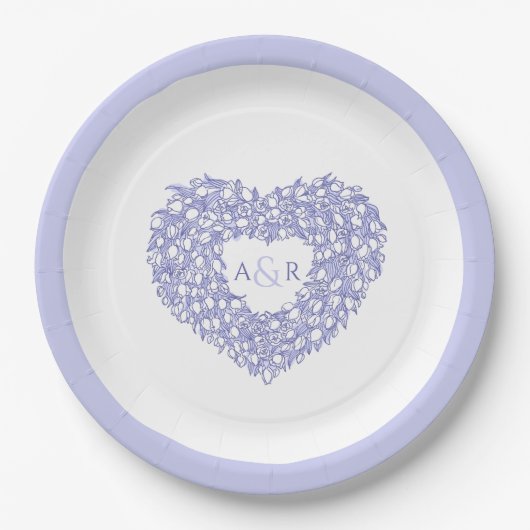 Blauwbloem bruiloft tulpen hart bouquet monogram papieren bordje (Voorkant)