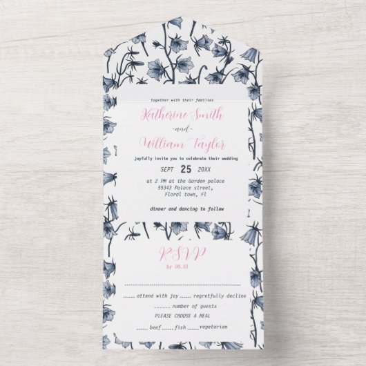 Blauwbloemen, haarklokken, bloemen all in one uitnodiging (Binnen)