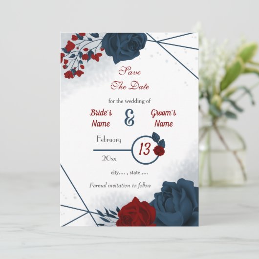 Blauwbloemen, romantisch save the date (Staand voorkant)