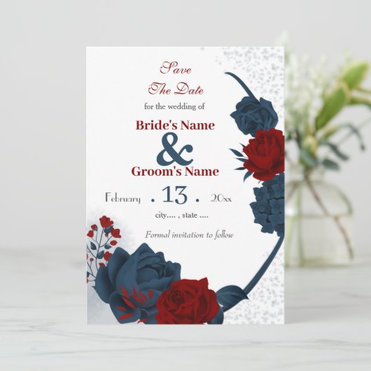 Blauwbloemen, romantisch save the date (Staand voorkant)