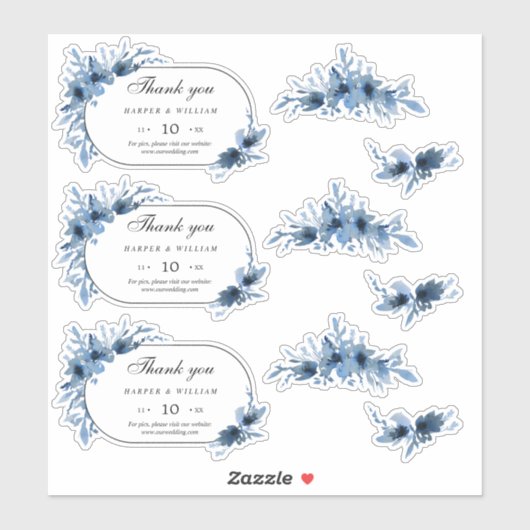 Blauwbloemig bruiloft bedankt sticker (Vel)