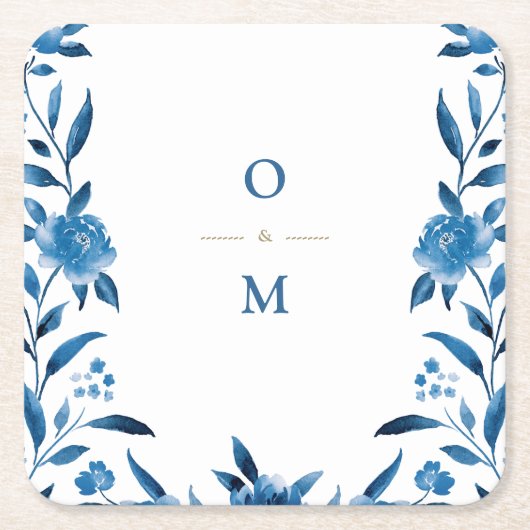Blauwbloemige Chinoiserie Wedding monogram Kartonnen Onderzetters (Voorkant)