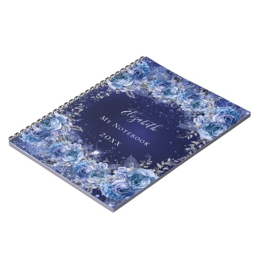 Blauwbloemige glitternaam glamoureus notitieboek (Linkerzijde)