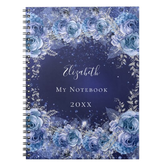 Blauwbloemige glitternaam glamoureus notitieboek (Voorkant)