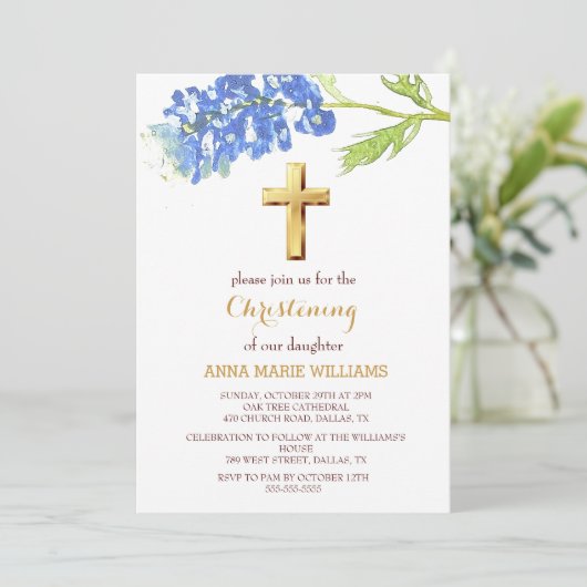 Blauwbonetten Bloemen Goud Wildbloem Kruis Doop Kaart (Staand voorkant)