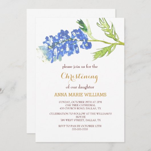 Blauwbonetten Bloemen Goud Wildbloem Kruis Doop Kaart (Voorkant / Achterkant)