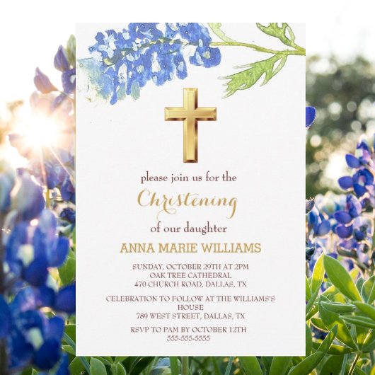 Blauwbonetten Bloemen Goud Wildbloem Kruis Doop Kaart