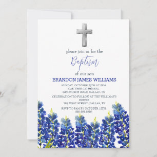 Blauwbonetten Bloemen Stoffig Blauw Kruis Doop Kaart