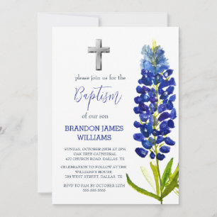 Blauwbonetten Bloemen Stoffig Blauw Kruis Doop Kaart