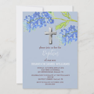Blauwbonetten Bloemen Stoffig Blauw Kruis Doop Kaart