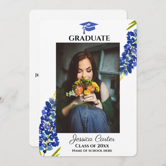 Blauwbonnen Floral Afstuderen Mededeling Kaart (Voorkant / Achterkant)