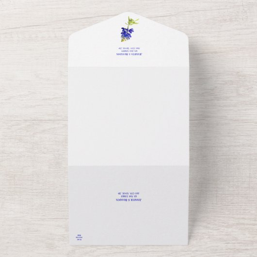 Blauwbonnetvlies op wit, huwelijk all in one uitnodiging (Buitenkant)