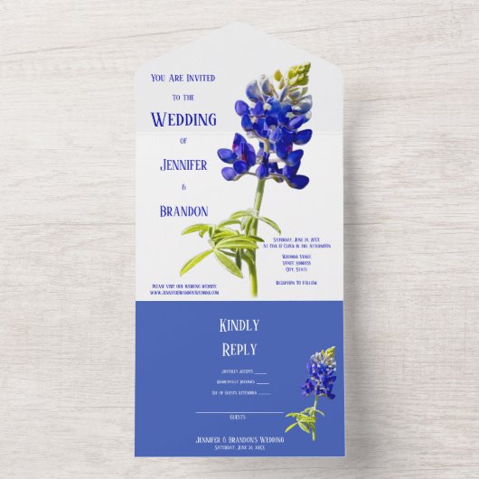 Blauwbonnetvlies op wit, huwelijk all in one uitnodiging (Binnen)