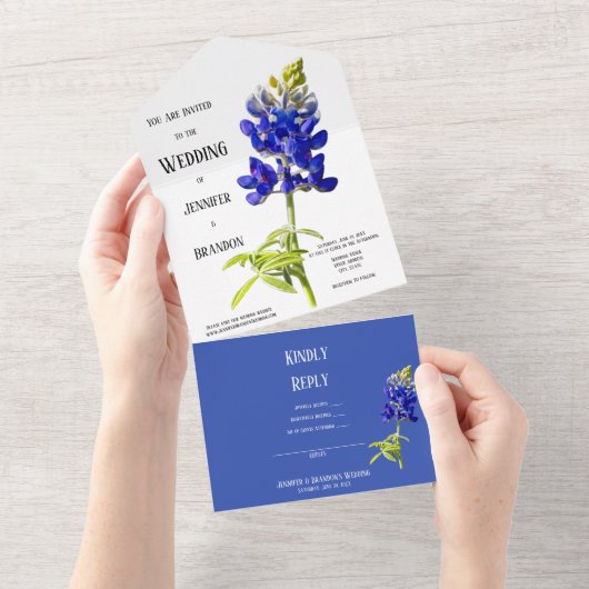 Blauwbonnetvlies op wit, huwelijk all in one uitnodiging (Afscheurbaar)