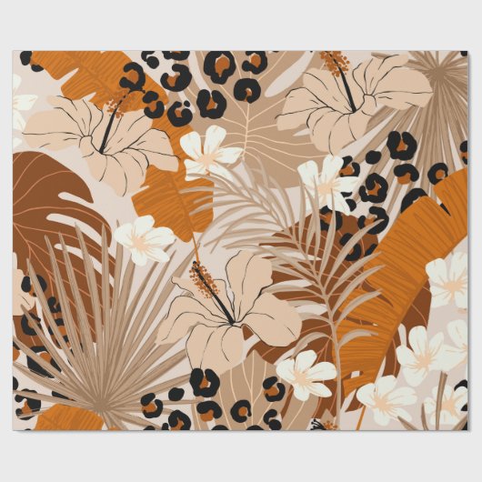 Blauwbont tropische bladeren hibiscus bloemen naad cadeaupapier (Vlak)