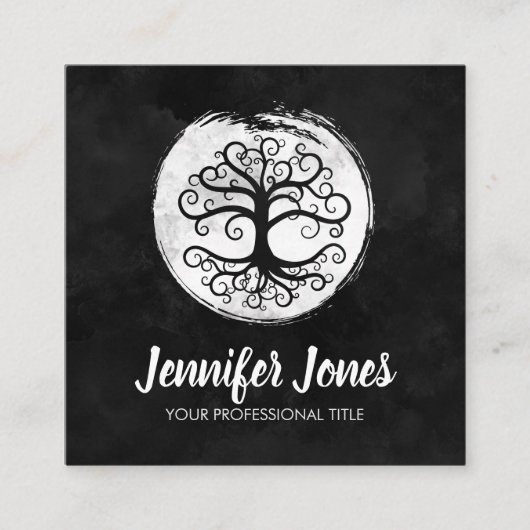 Blauwboom op zwarte waterverf vierkante visitekaartje (Voorkant)