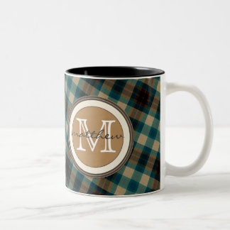 Blauwbruine speldenmonogram tweekleurige koffiemok
