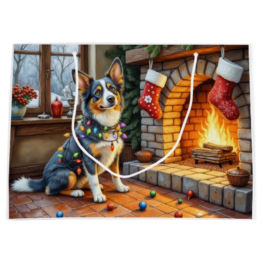 Blauwde Heeler Haard met Kerstlichtjes Groot Cadeauzakje (Voorkant)