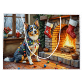 Blauwde Heeler Haard met Kerstlichtjes Groot Cadeauzakje (Achterkant)