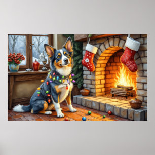 Blauwde Heeler Haard met Kerstverlichting Poster