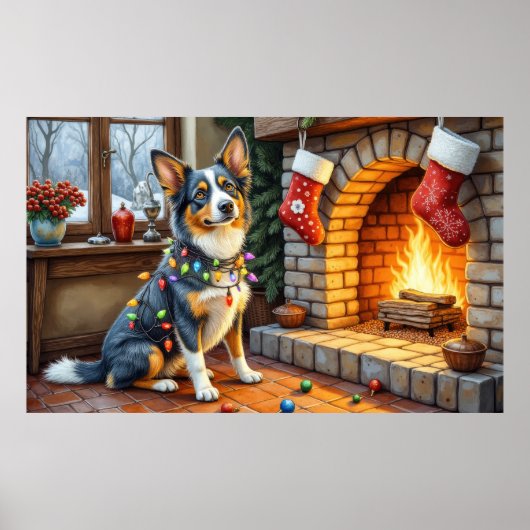 Blauwde Heeler Haard met Kerstverlichting Poster (Voorkant)