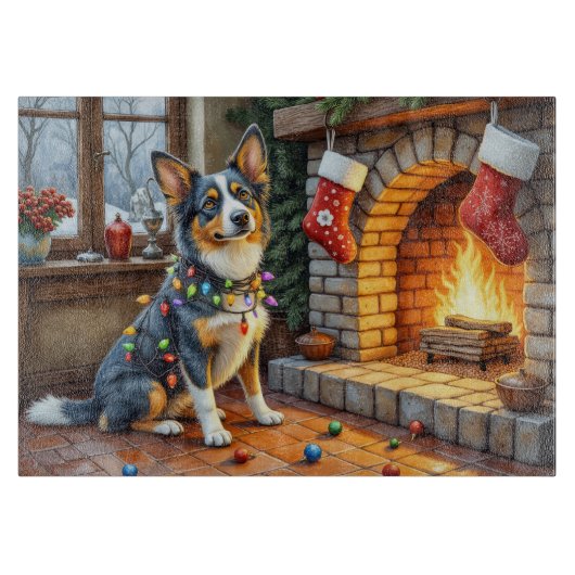 Blauwde Heeler Haard met Kerstverlichting Snijplank (Voorkant)